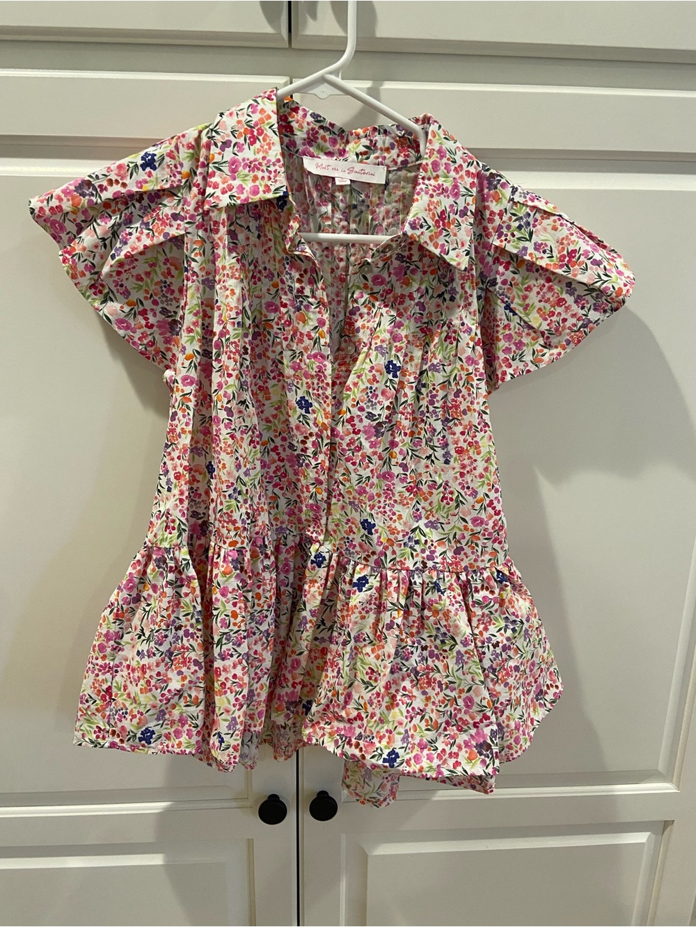 Floral Ruffled Cotton Shirt Dress - Pink Multi